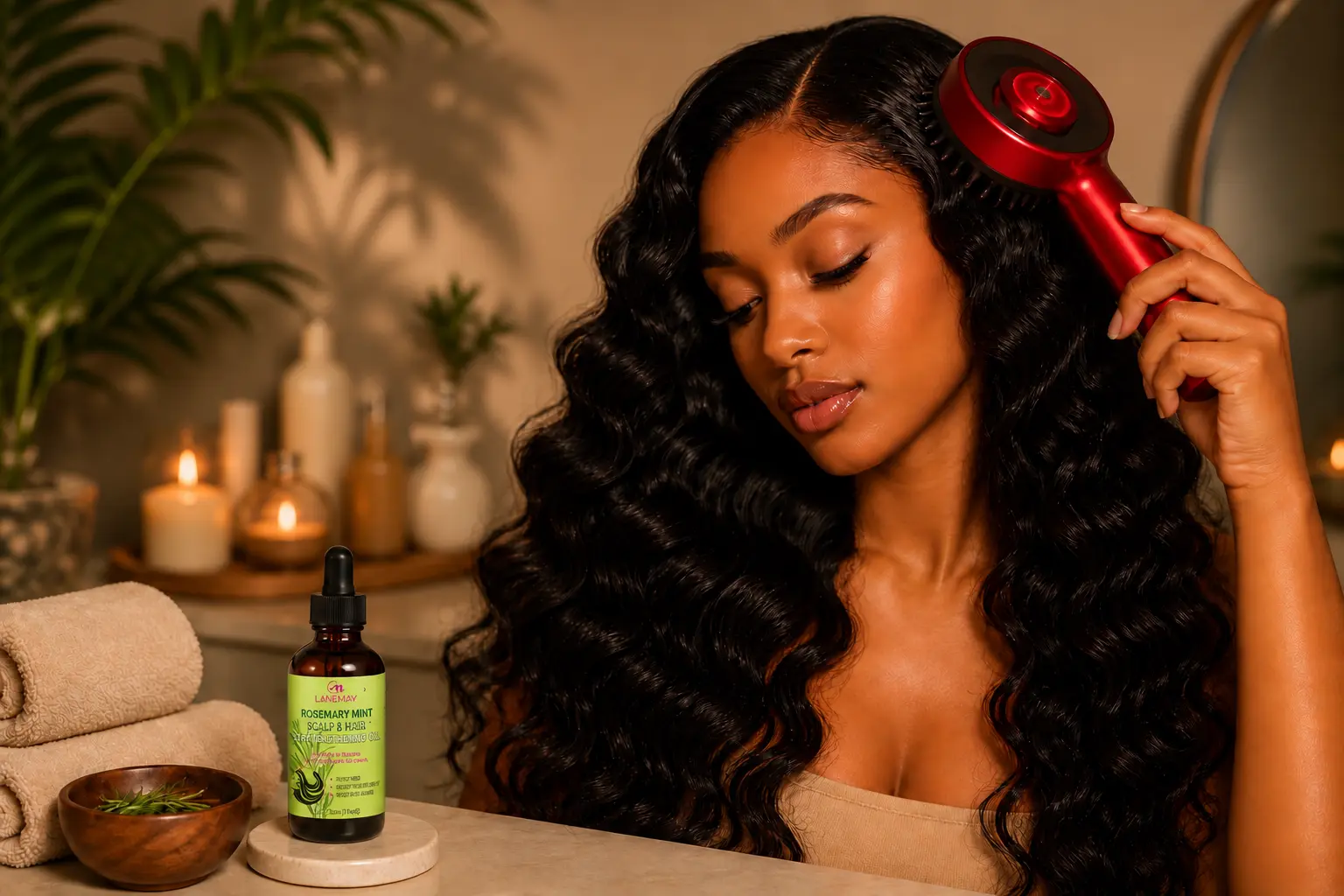 Woman using a red electric scalp massager beside a LANEMAY oil bottle